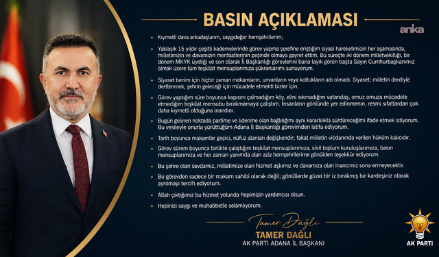 AK Parti Adana İl Başkanı Dağlı görevinden istifa etti